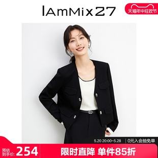 百搭简约通勤OL休闲西服上衣 IAmMIX27春秋黑色V领外套女短款 修身