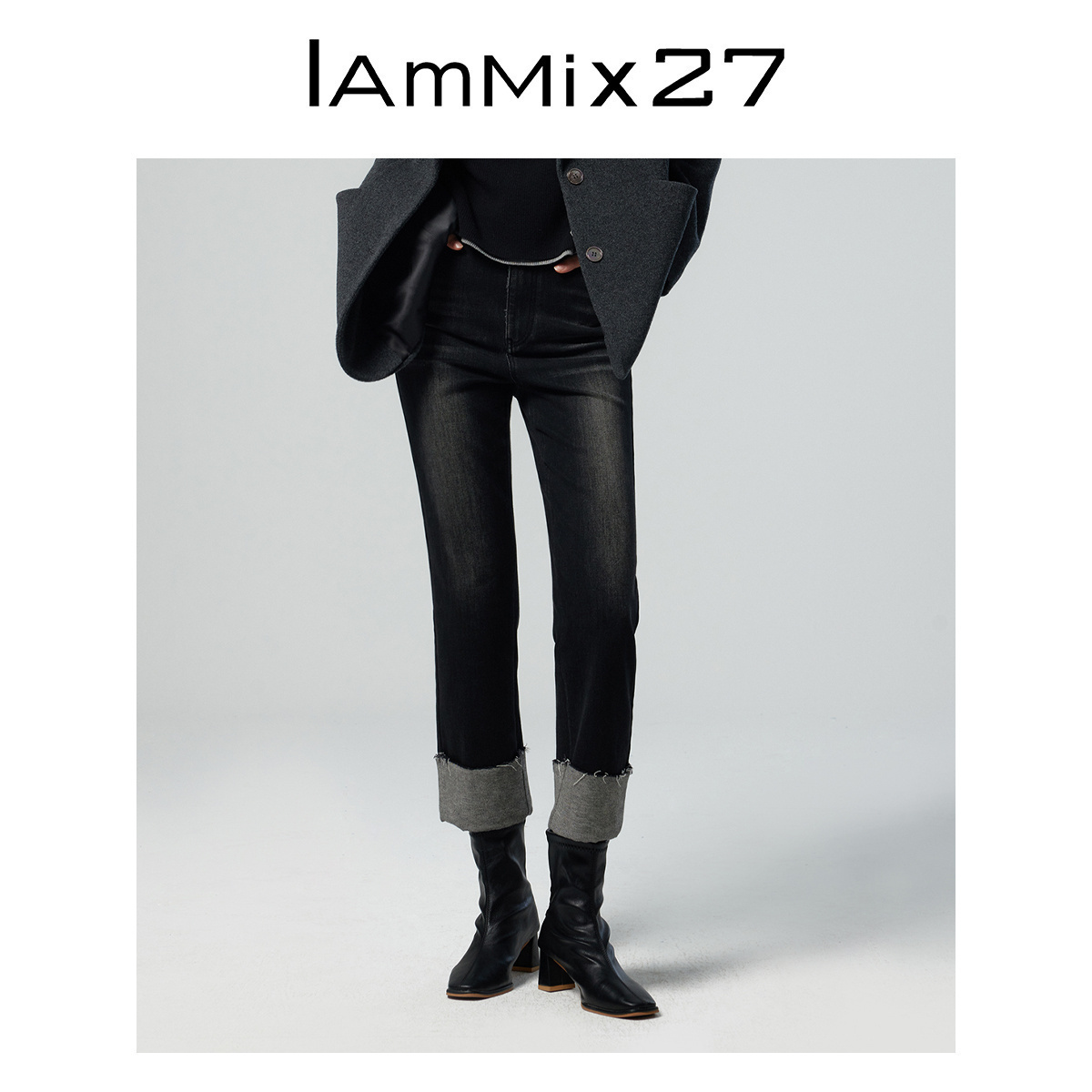 iammix27拉绒加厚黑色直筒牛仔裤