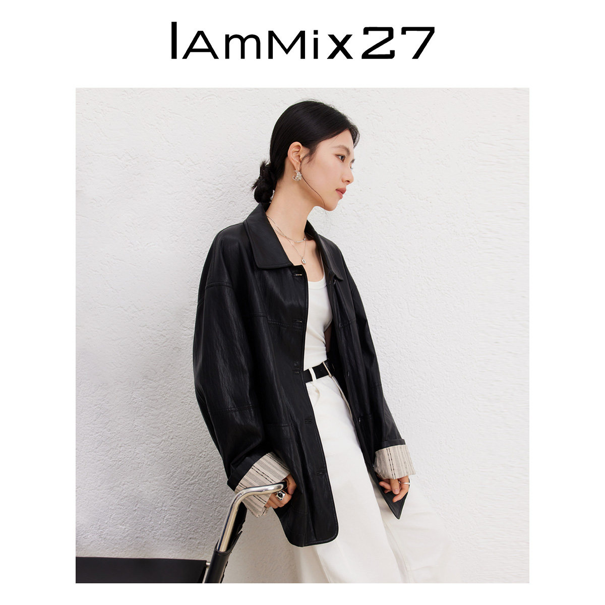 iammix27黑色PU皮外套女