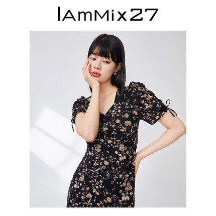 IAmMIX27法式V领连衣裙女气质收腰显瘦复古系绳镂空印花桔梗裙女