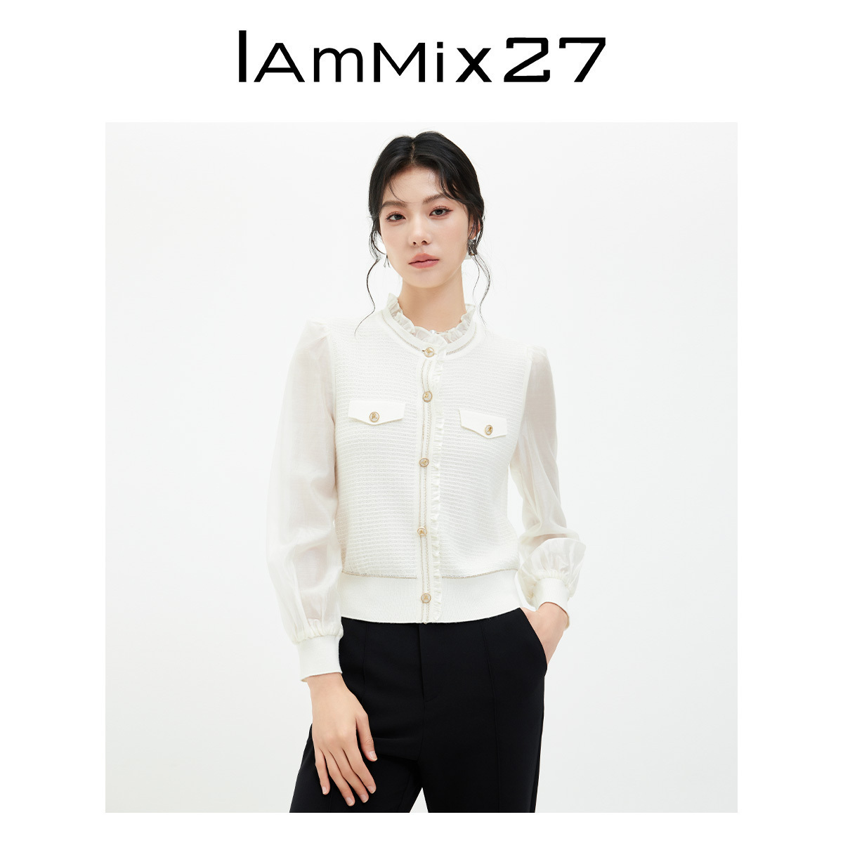 IAmMIX27小香风木耳边圆领上衣