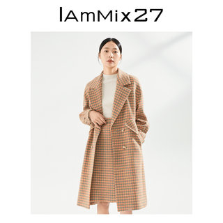 IAmMIX27冬季毛呢外套女时尚个性千鸟格中长款全羊毛西装领大衣女