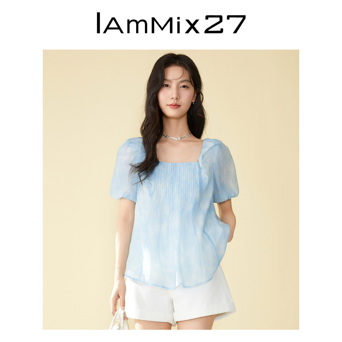 IAmMIX27法式荷叶边方领灯笼袖小衫女夏季宽松百搭休闲短袖衬衫女