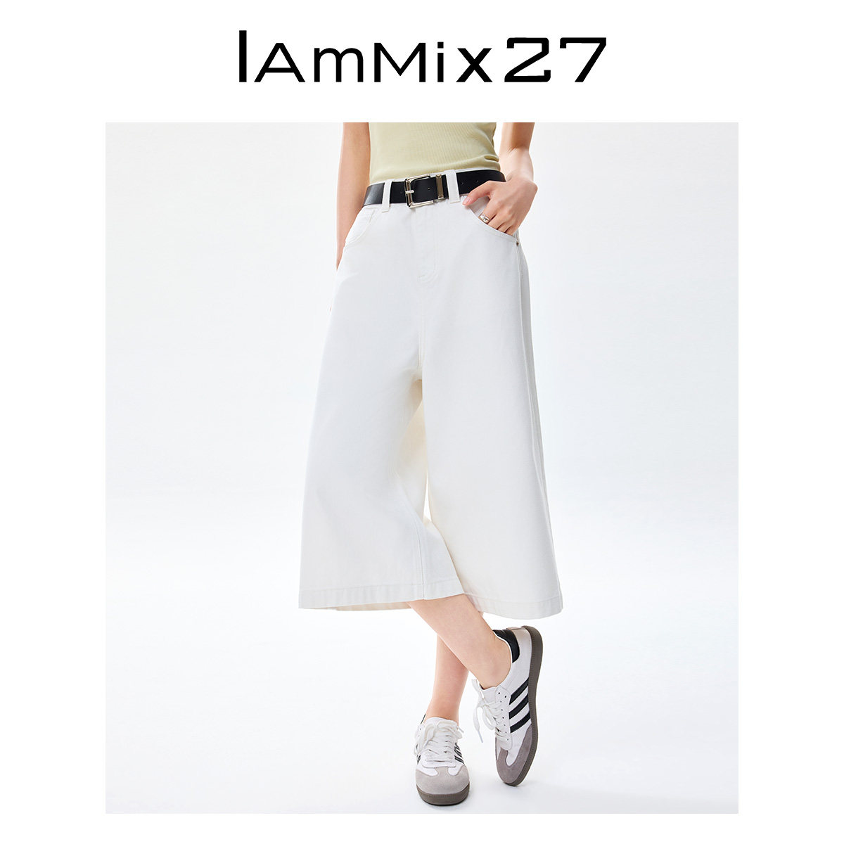 iammix27夏季白色七分阔腿牛仔裤