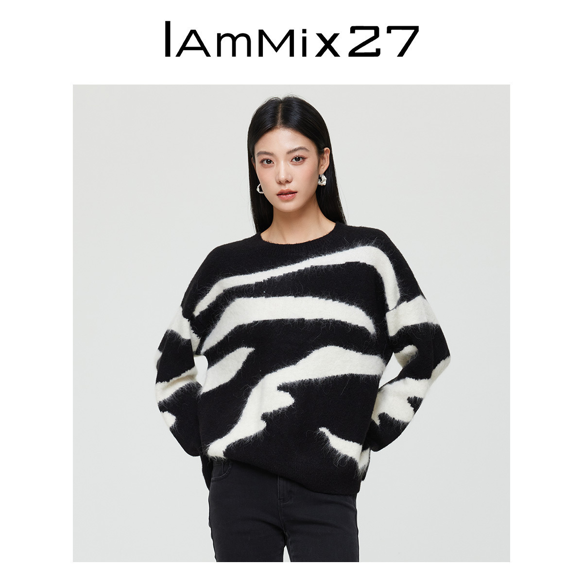 iammix27提花圆领套头毛衣