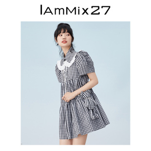 娃娃领黑白格纹A字裙女 IAmMIX27复古连衣裙女减龄灯笼袖 高腰个性