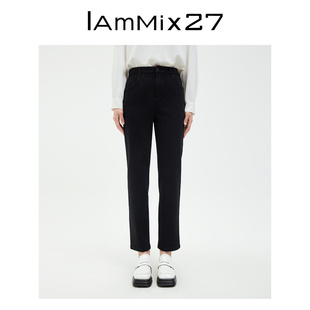女长裤 女高腰显瘦简约百搭休闲小脚直筒裤 牛仔裤 IAmMIX27黑色窄版