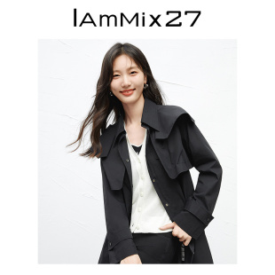 IAmMIX27春秋连帽风衣女中长款 复古休闲英伦风系带显瘦黑色外套女