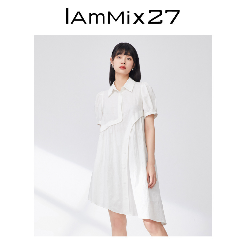 IAmMIX27全棉翻领连衣裙女个性不对称拼接绣花宽松减龄泡泡袖裙子 女装/女士精品 连衣裙 原图主图