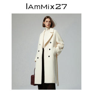 IAmMIX27冬季毛呢大衣女直筒显瘦简约时尚双排扣西装领外套女长款