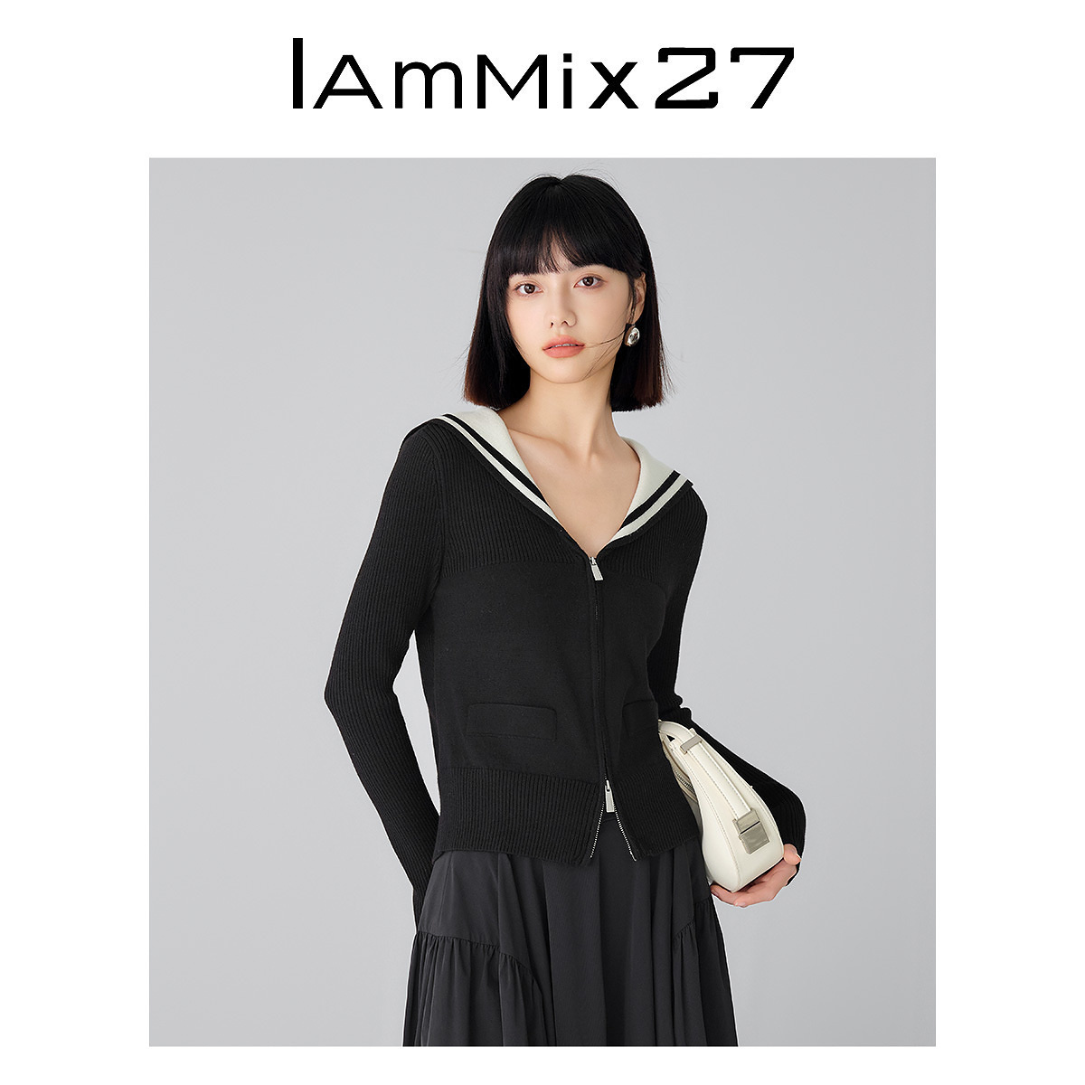 IAmMIX27羊毛混纺海军领针织衫