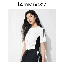 IAmMIX27夏季短款圆领开衫女短袖黑白拼色醋纤双拉链针织衫女薄款