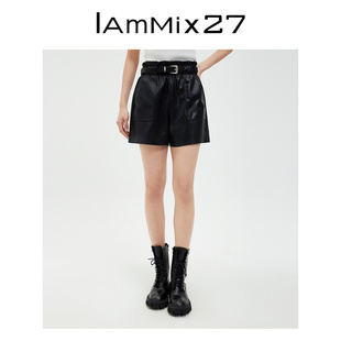 IAmMIX27春秋黑色PU皮短裤 女高腰显瘦小个子宽松阔腿百搭直筒皮裤
