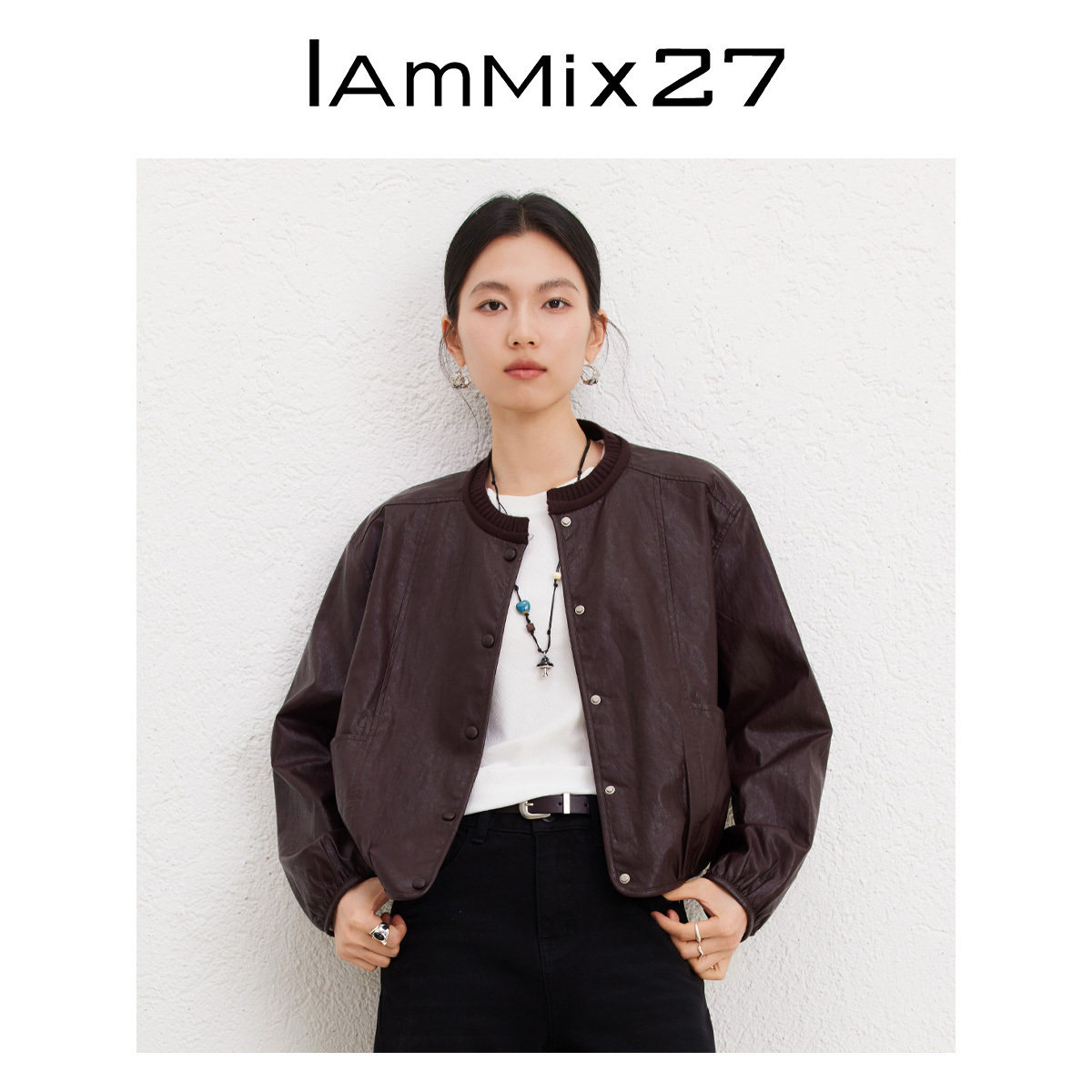 IAmMIX27春秋圆领皮衣女长袖短款简约休闲软糯PU皮棒球服女短外套