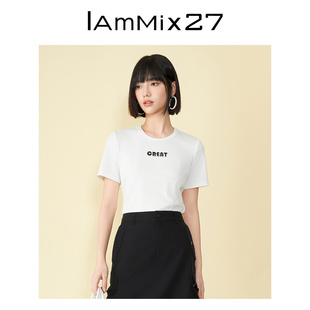 IAmMIX27短袖 简约百搭撞色字母串珠绣圆领套头上衣 T恤女短款 修身