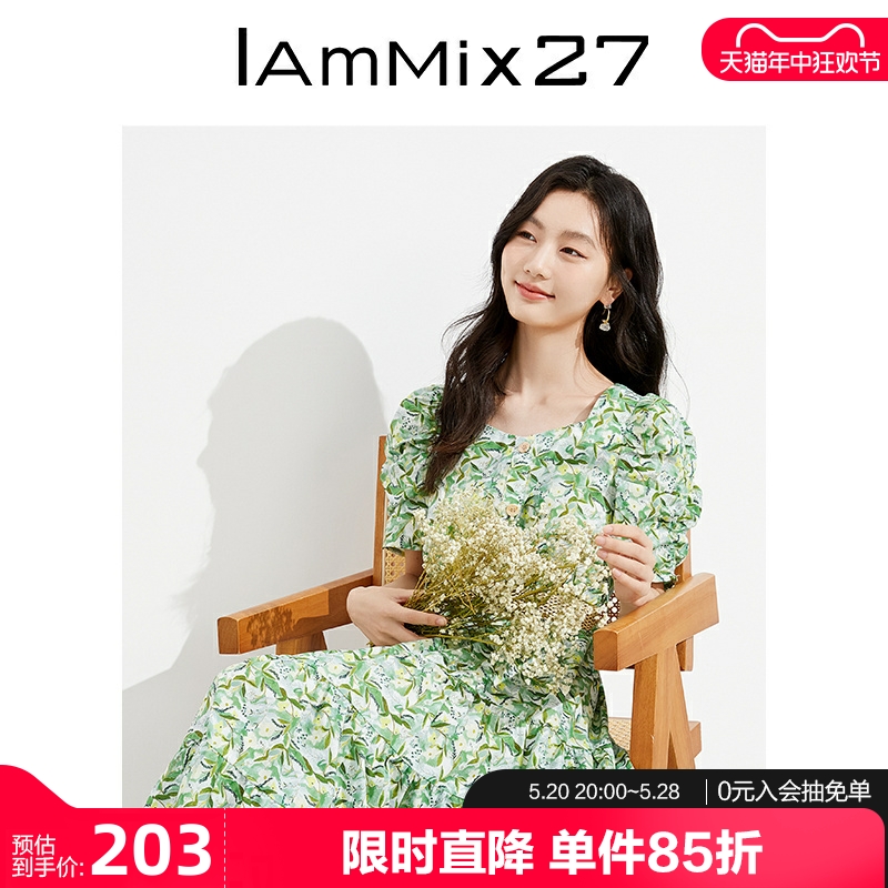 IAmMIX27法式短袖全棉印花连衣裙