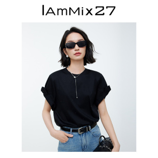 圆领T恤女短袖 IAmMIX27夏季 宽松小众烫钻慵懒风休闲百搭全棉上衣