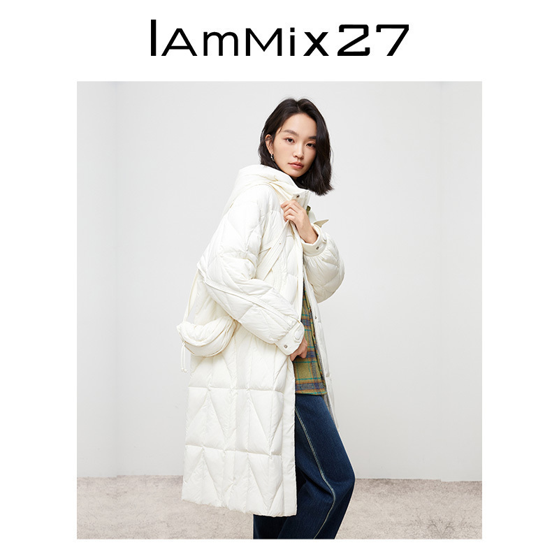 IAmMIX27冬季连帽羽绒服女中长款简约百搭过膝保暖90白鸭绒外套女