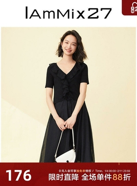 IAmMIX27夏季黑色V领连衣裙女修身显瘦荷叶边针织拼接网纱中长裙
