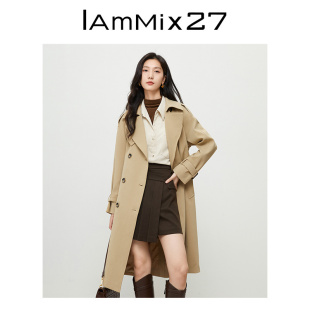 大衣外套 IAmMIX27春秋休闲风衣女英伦风时尚 双排扣简约翻领中长款