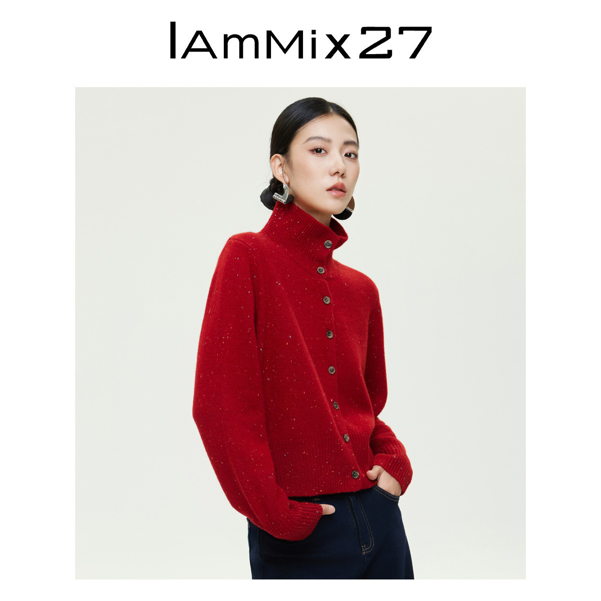 iammix27红色绵羊毛针织开衫女