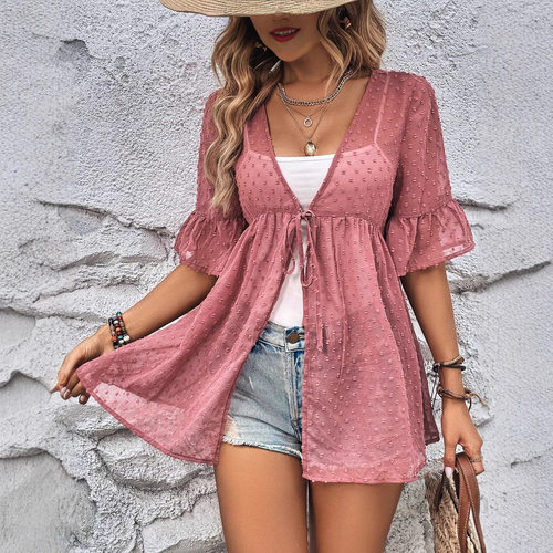 亚马逊2025夏季新款欧美跨境女士休闲度假纯色开衫系带衬衫防晒衫