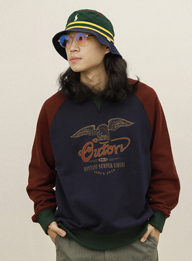 OUTORI2023年秋冬复古休闲拼色刺绣印花圆领套头插肩袖卫衣男潮