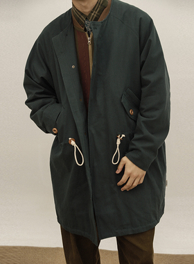 OUTORI 2023年秋冬美式休闲复古插肩袖中长款大衣圆领风衣外套男