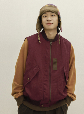 OUTORI秋季新款美式复古纯色坎肩外套机能风飞行员工装马甲男潮流