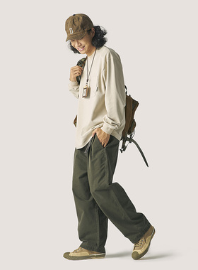 OUTORI 重磅纯棉平纹针织圆领宽松T恤男秋简约基础百搭长袖打底衫