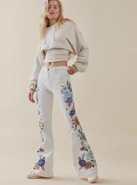 driftwood女款重工花朵刺绣灯芯绒长裤复古喇叭裤重磅