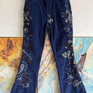 复古喇叭裤 美国driftwood女款 藏蓝重工腰果花刺绣灯芯绒长裤