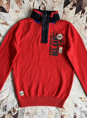 工装camp david戴维营男款红色羊毛混纺连帽针织衫精致刺绣毛衣