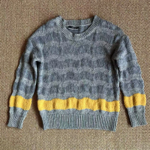 国潮女装灰黄撞色波浪条纹圆领针织毛衣春秋款上衣特价清仓