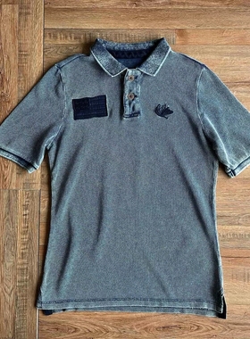 日本elkex男款复古做旧纯棉短袖POLO衫indigo蓝染水洗精致刺绣T恤