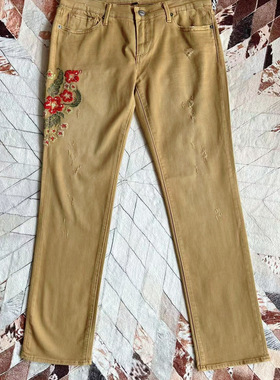 driftwood女款重工花朵刺绣牛仔裤修身显瘦弹力小脚裤夏