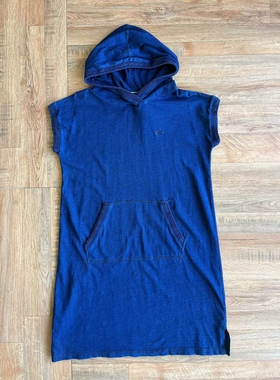 日本elkex女款纯棉连帽卫衣裙indigo蓝染水洗简约纯色连衣裙夏季