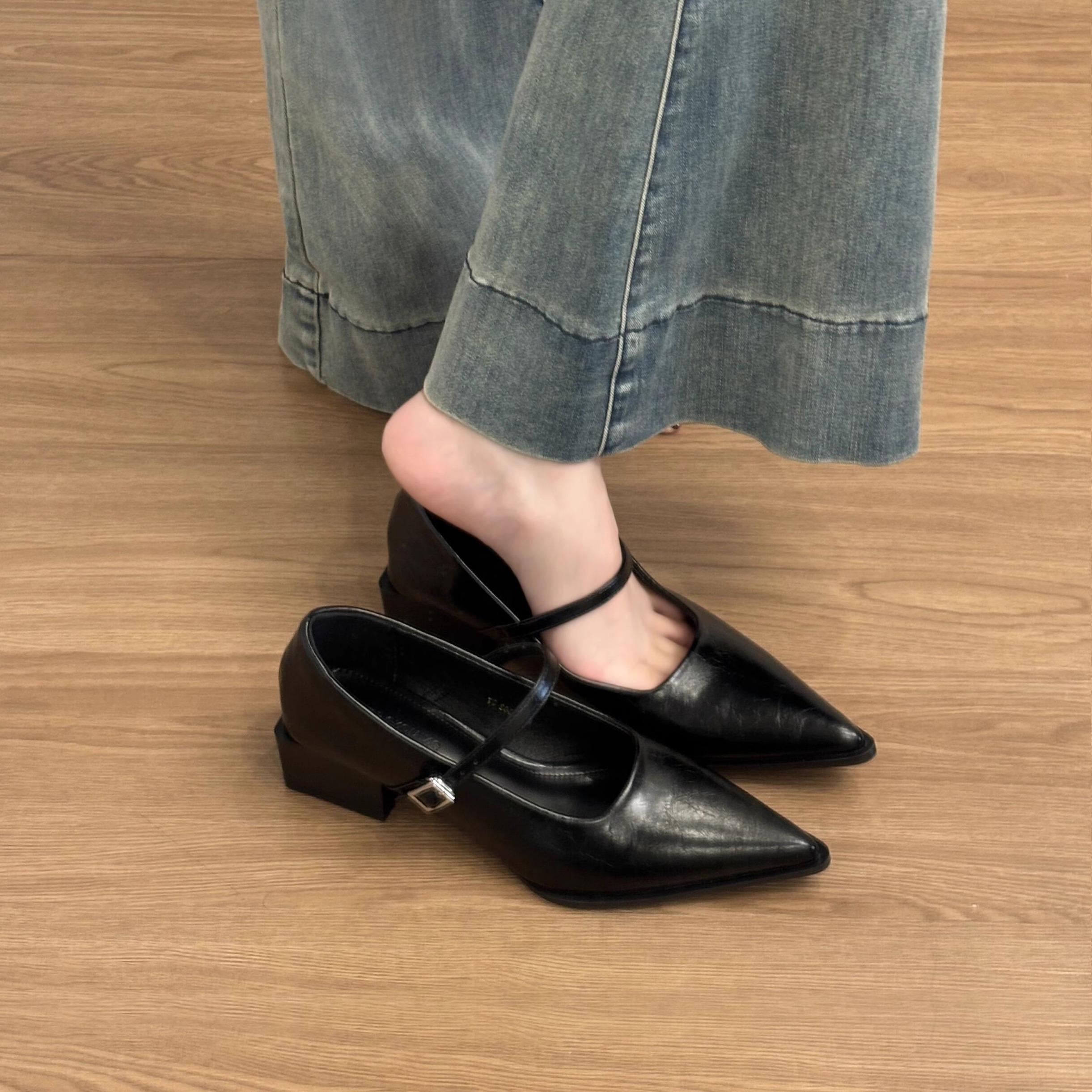 羊皮版~软皮气质尖头单鞋女2025新款春秋一字扣浅口玛丽珍小皮鞋