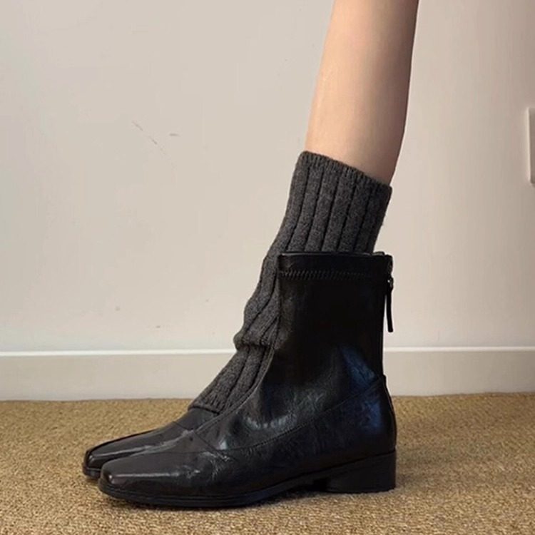 羊皮版~真皮气质方头低跟瘦瘦靴女复古通勤百搭后拉链短靴马丁靴,女鞋,时装靴,淘宝优惠券,粉丝福利购,淘宝优惠卷