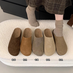 森系复古包头半拖鞋 真皮内增高厚底勃肯鞋 女加绒外穿春夏秋冬新款