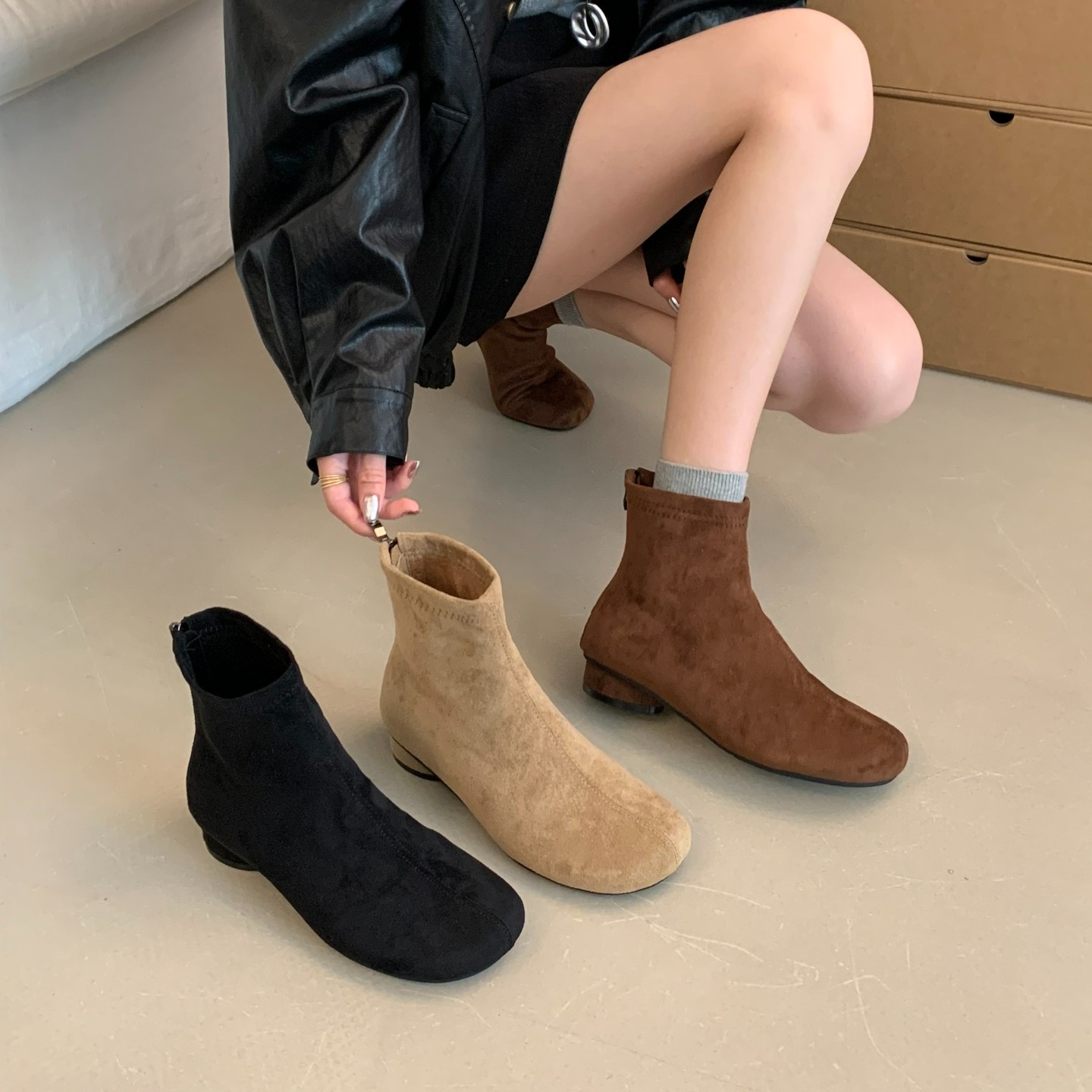 现货送运费险瘦瘦靴法式小短靴