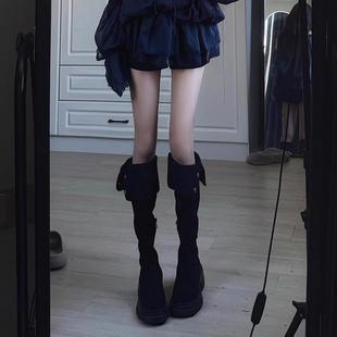 黑色长筒靴女新款秋冬季厚底过膝靴绒面长靴高筒骑士靴两穿瘦瘦靴