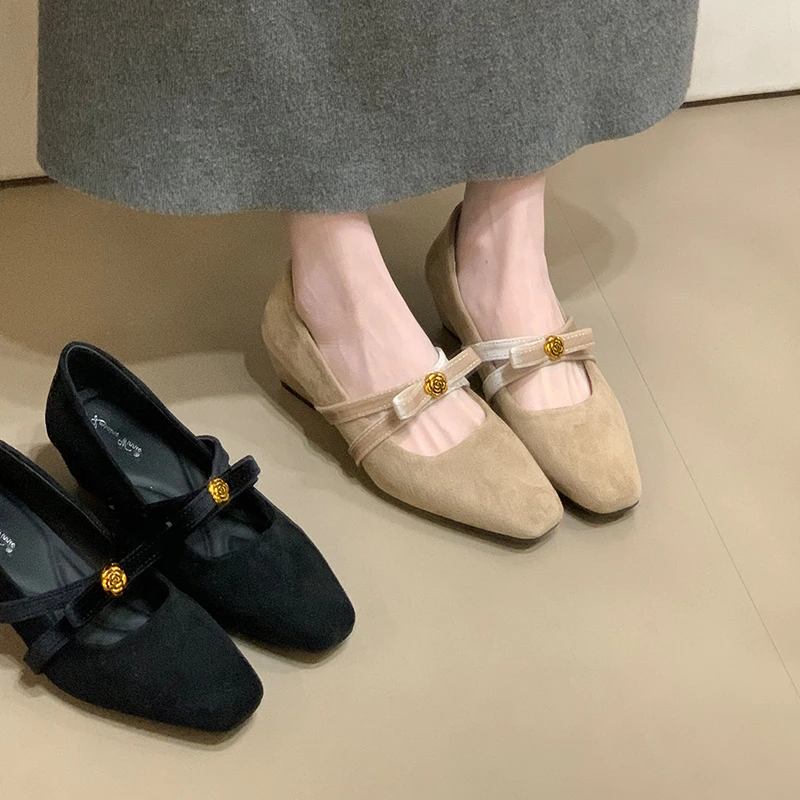 羊皮版~法式复古玛丽珍鞋女方头山茶花通勤粗跟毛呢浅口温柔单鞋,女鞋,浅口单鞋,淘宝优惠券,粉丝福利购,淘宝优惠卷