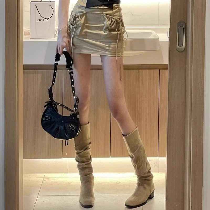 堆堆靴子女长筒靴2025夏季新款粗跟骑士靴西部牛仔靴中筒透气长靴