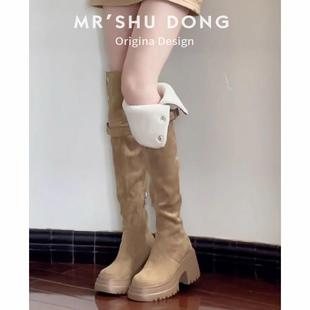 羊羔毛过膝长筒靴雪地靴子女秋冬款小个子厚底增高保暖加绒骑士靴