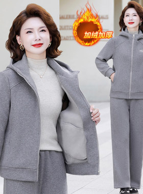妈妈装加绒加厚连帽运动套装