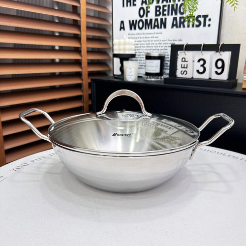 304不锈钢双耳带盖海鲜锅小炒锅