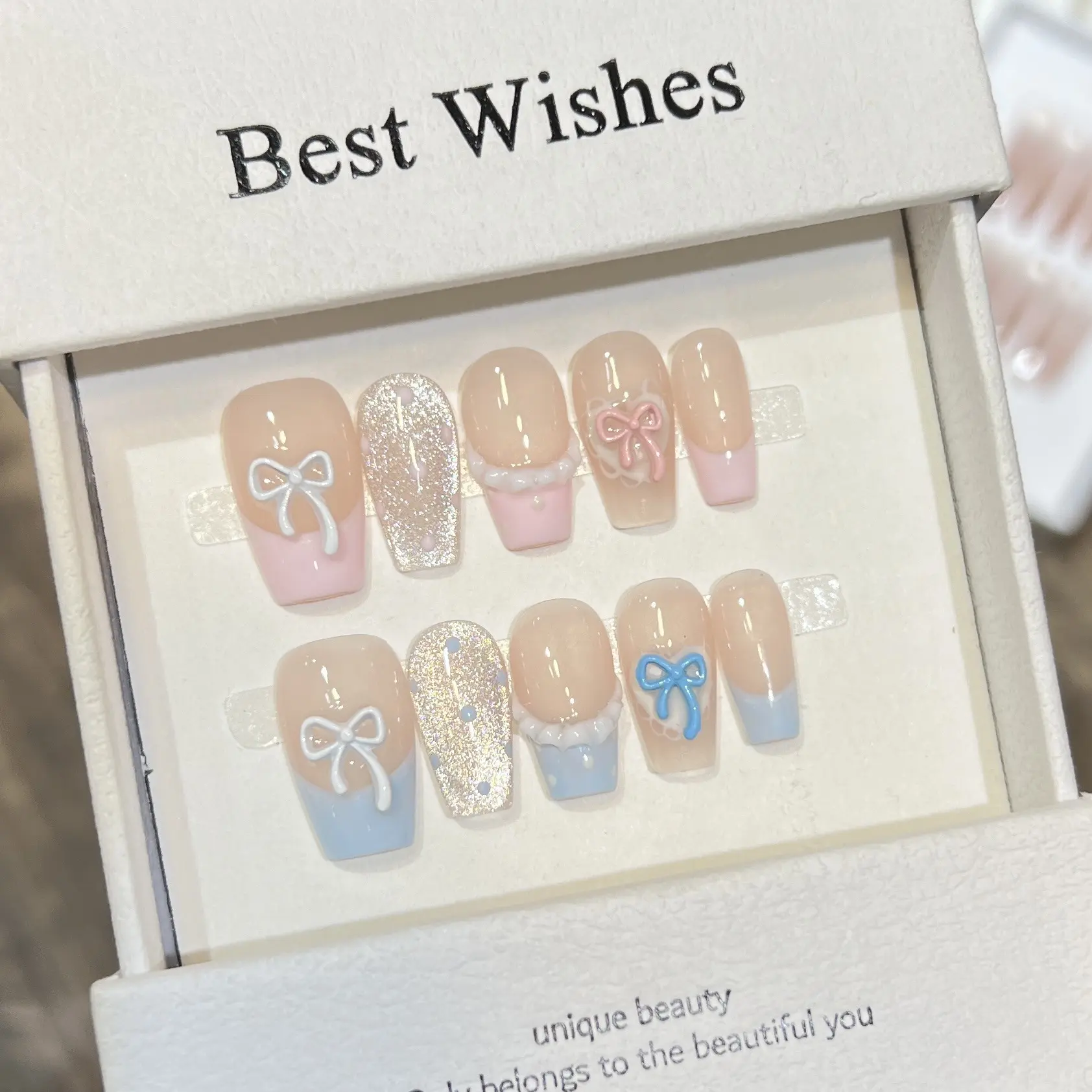 夏季小清新穿戴甲手工波点猫眼蝴蝶结裸色裙边法式美甲可拆卸甲片