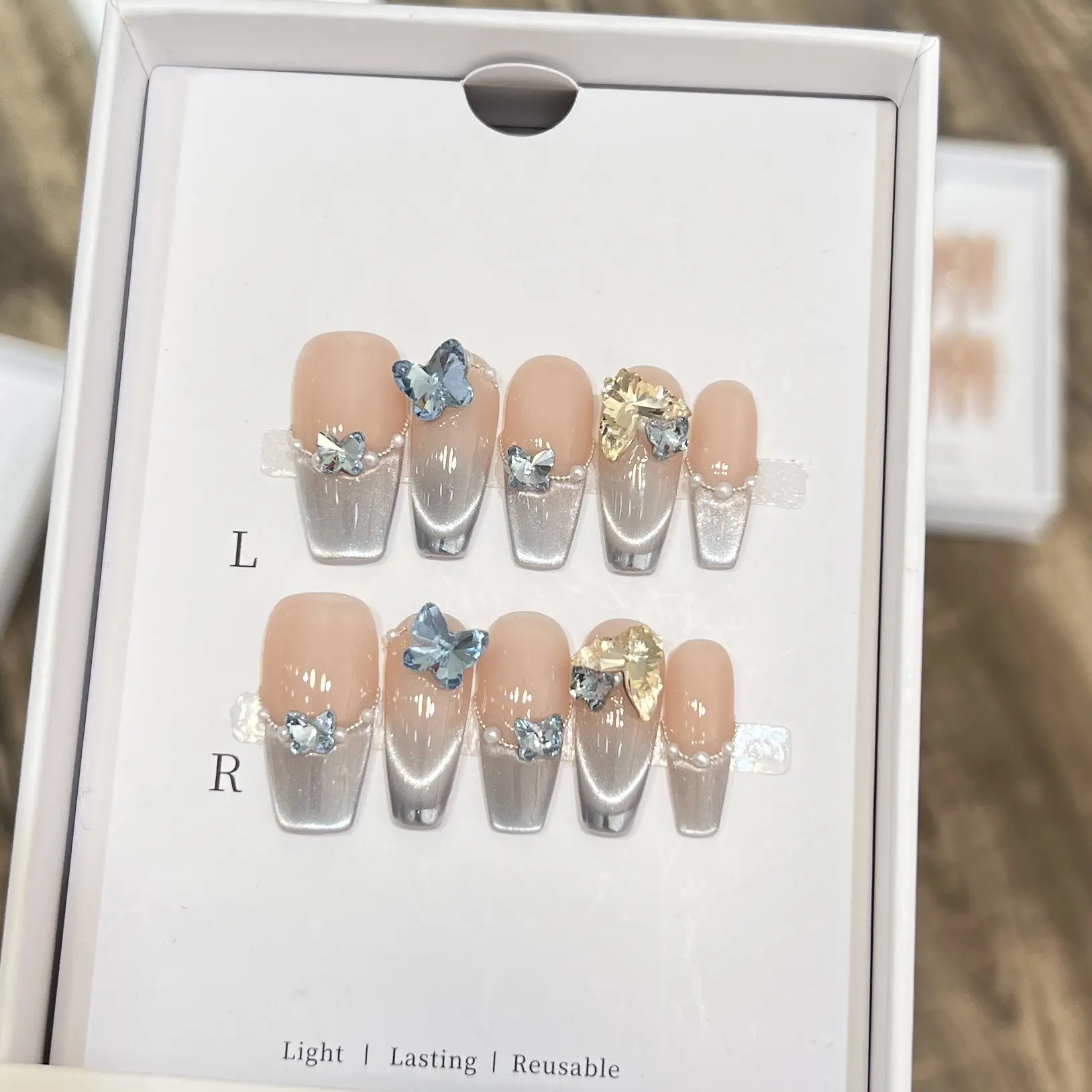 黛瑞森 手工穿戴甲高级微笑猫眼法式蓝羽超闪东洲钻指甲片可拆卸