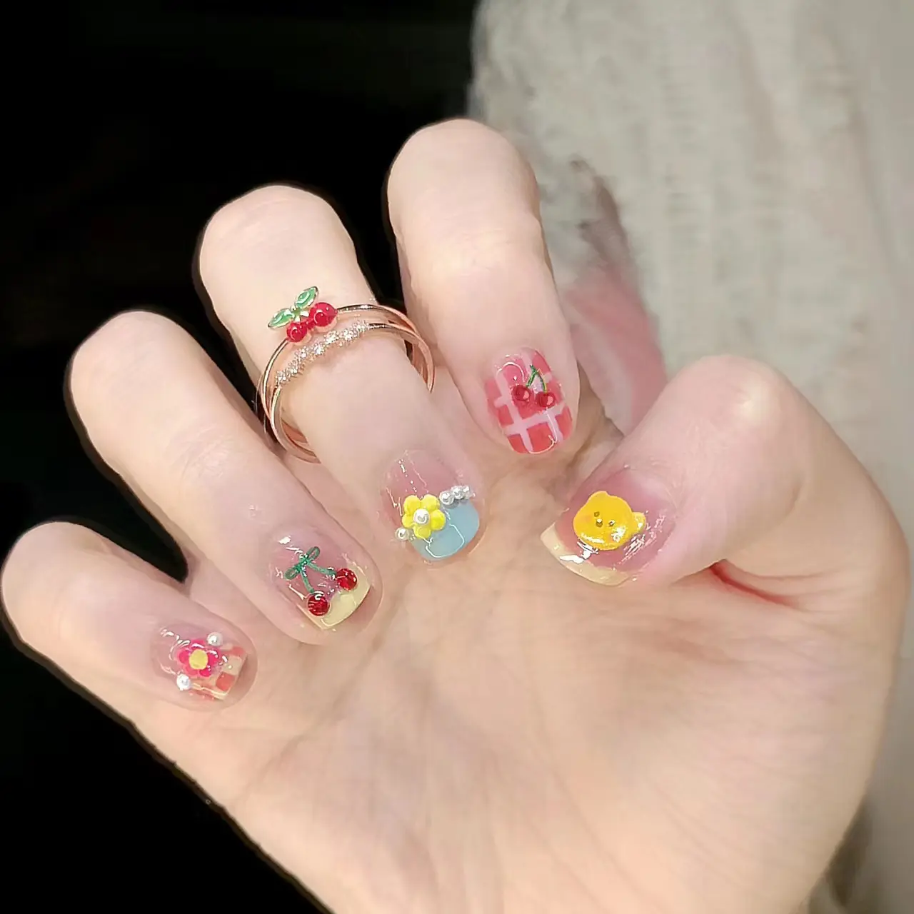 【樱桃小熊】穿戴甲纯手工短甲手绘樱桃小熊美甲可拆卸假指甲贴片